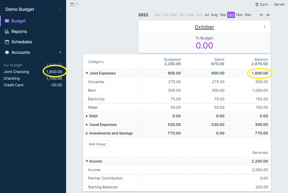 Screenshot of budgeting with personal Actual Account file - option 2